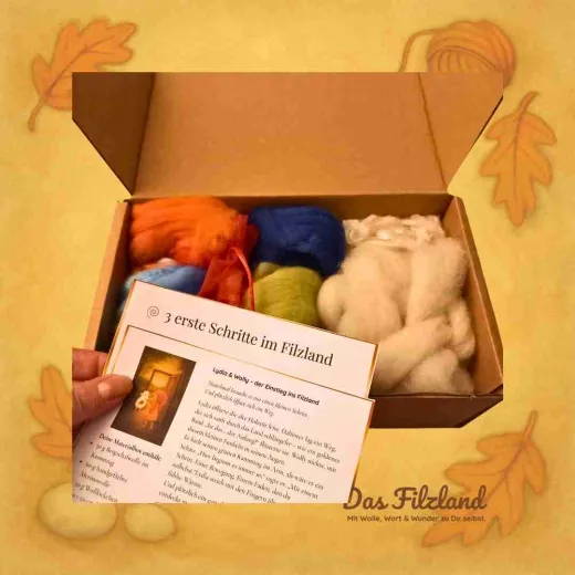 Innenkarte aus dem Filzland in der Hand – Lydia & Wolly Geschichte als Einstieg in deinen ersten Filzmoment.“